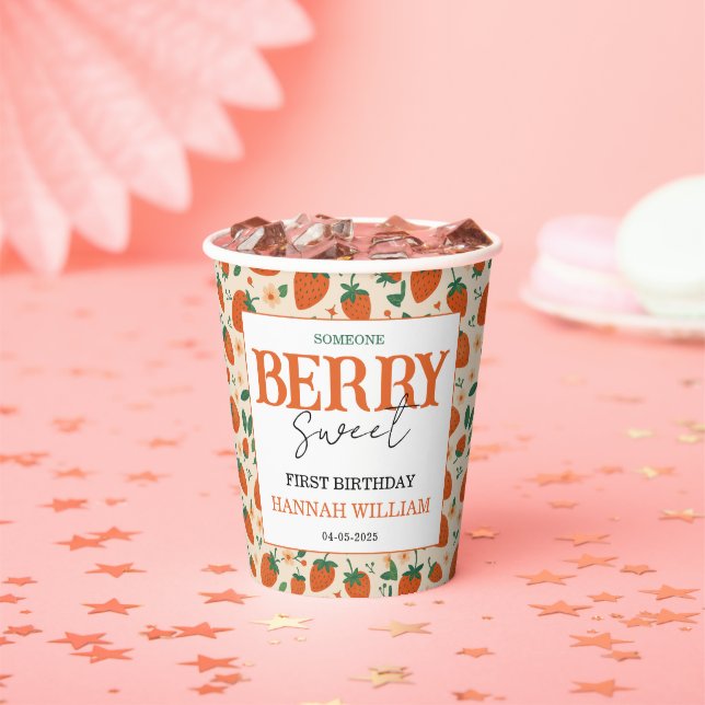 Vasos De Papel Berry Sweet Strawberry 1st Birthday Party (in situ)
