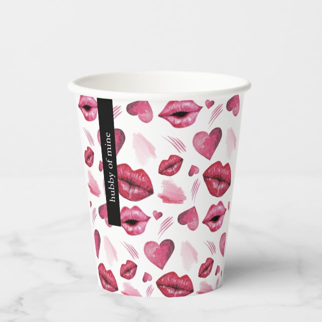 Vasos De Papel Besos Monogramados Y acuarela Patrón Corazón (Anverso)