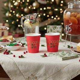 Vasos De Papel Bienvenido invitado de Navidad de acebo