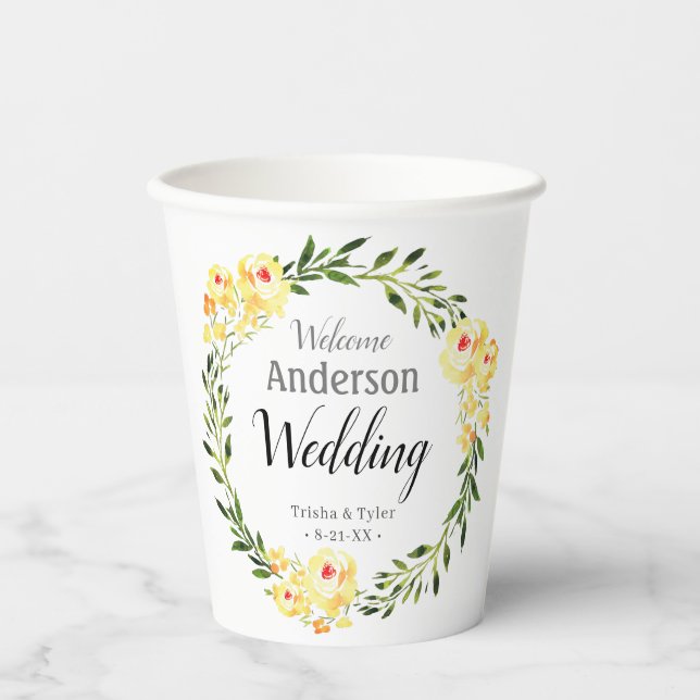 Vasos De Papel Bienvenidos Nombres/Fecha Amarillo Flores Bodas (Anverso)
