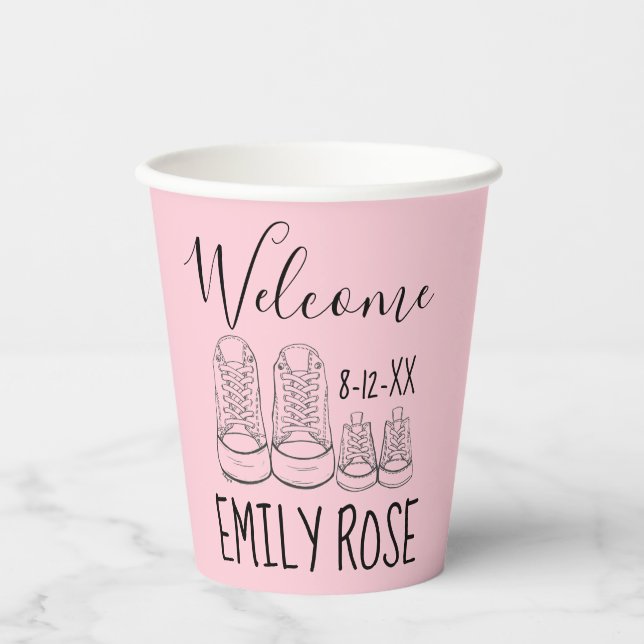 Vasos De Papel BIENVENIDOS Nueva llegada Bebé Zapatos Ducha Chica (Anverso)