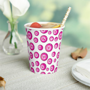 Vasos De Papel Bingo Fiesta Cute rosa y blanco con estampado