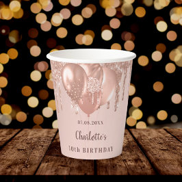 Vasos De Papel Birthday party girl rose gold glitter balloons