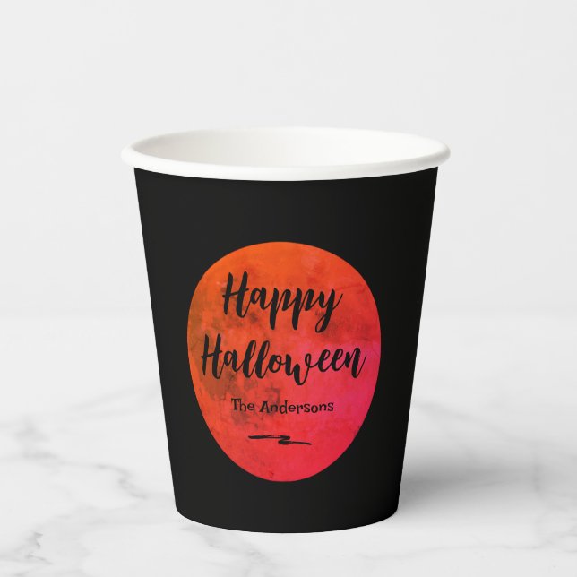 Vasos De Papel Black and Naranja Spooky Full Moon Happy Halloween (Anverso)