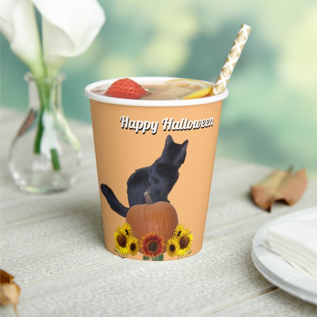 Vasos De Papel  Black Cat Pumpkins Sunflowers Halloween Orange  (in situ)