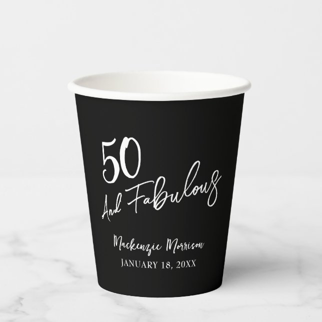 Vasos De Papel Black Fifty and Fabulous Script Birthday Party (Anverso)