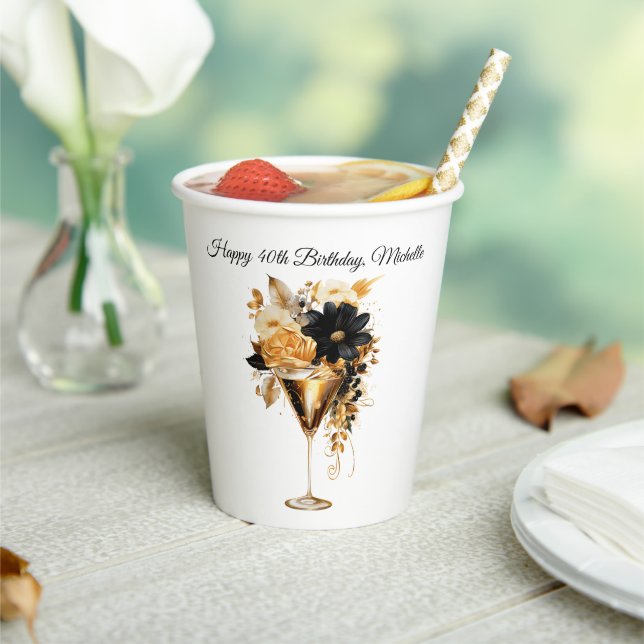 Vasos De Papel Black Gold Cocktails Drink Florals 40th Birthday  (in situ)