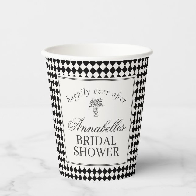 Vasos De Papel Black Harlequin Checkered Bridal Shower (Anverso)