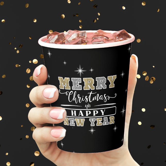 Vasos De Papel Black Silver y Gold Feliz Navidad Año Nuevo (Black Silver & Gold Merry Christmas Happy New Year Paper Cups)