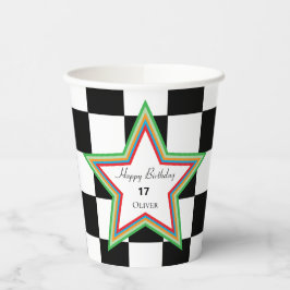 Vasos De Papel Black White Checkered Happy Birthday Paper Cups