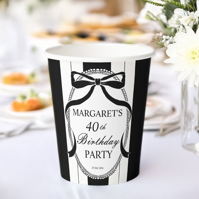Vasos De Papel Black white retro stripes bow birthday monogrammed (Black and white retro stripes bow vintage border birthday party monogrammed paper cups)