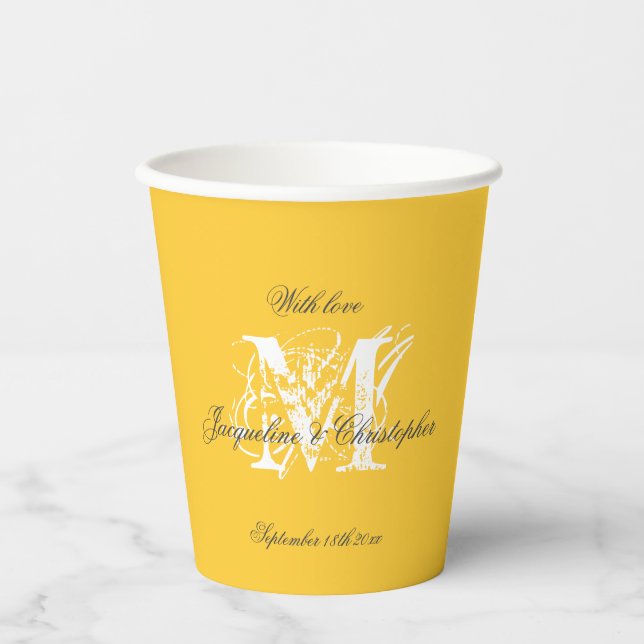 Vasos De Papel Blanco Chic Monograma Nombres Negro Amarillo Solea (Anverso)