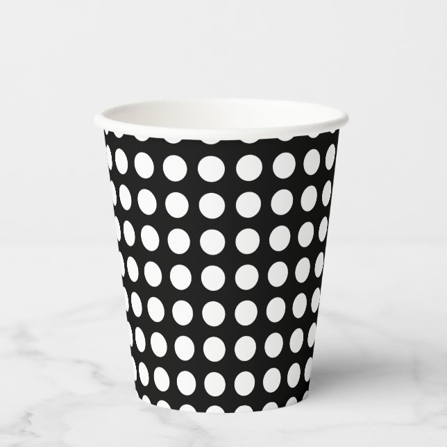 Vasos De Papel Blanco sobre negro de tamaño medio puntos de polka (Anverso)