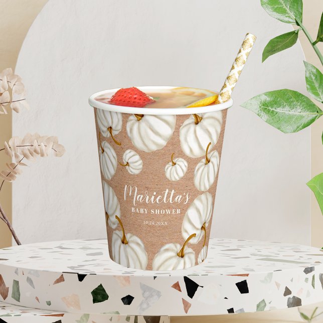 Vasos De Papel Blanquecino kraft de calabaza blanco caída ducha d (White Little pumpkin kraft fall baby shower Paper Cups)