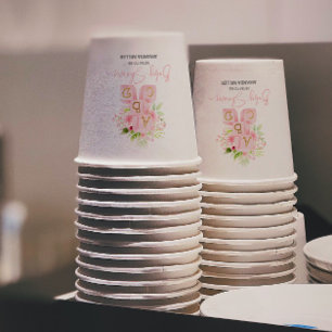 Vasos De Papel Bloques de alfabeto con flores de color rosa puro