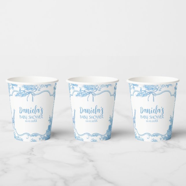 Vasos De Papel Blue and White French Toile de Jouy Baby Shower (Multi)
