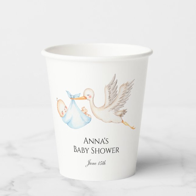 Vasos De Papel Blue Baby Boy Stork Baby Shower (Anverso)