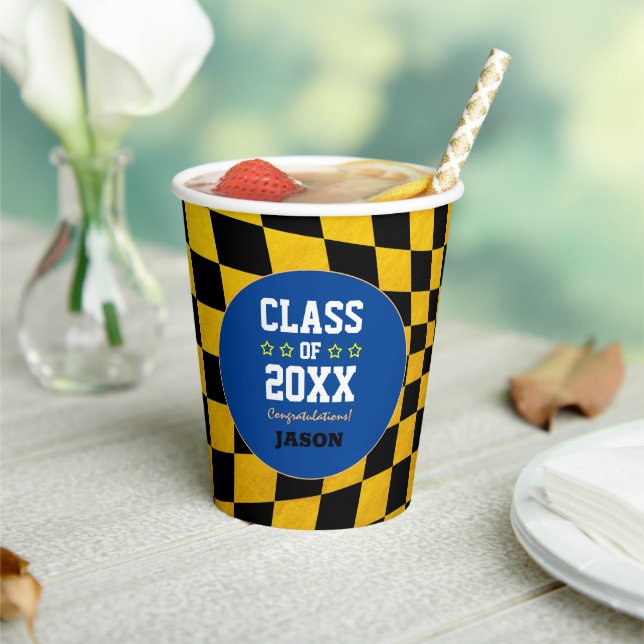 Vasos De Papel Blue/Black/Golden Checked Class año (in situ)