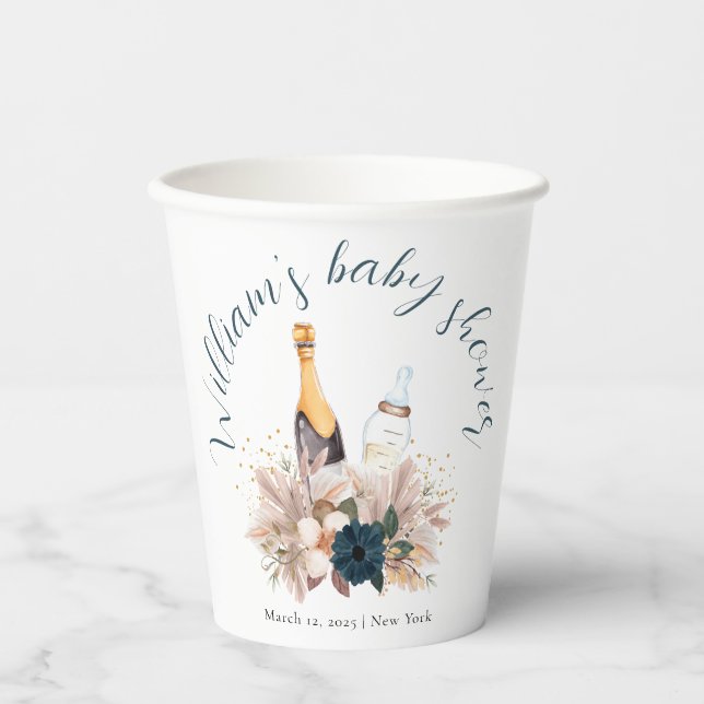 Vasos De Papel Blue Boho Poppin Champagne Botellas Baby Shower (Anverso)