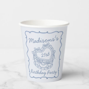 Vasos De Papel Blue Bow Retro Heart Coquette Cake Cumpleaños