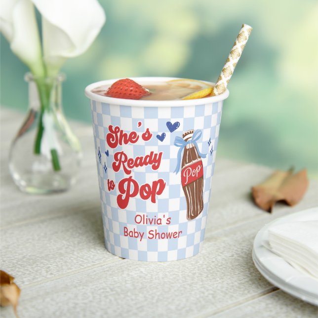 Vasos De Papel Blue Bow She's Ready to Pop Baby Shower (in situ)