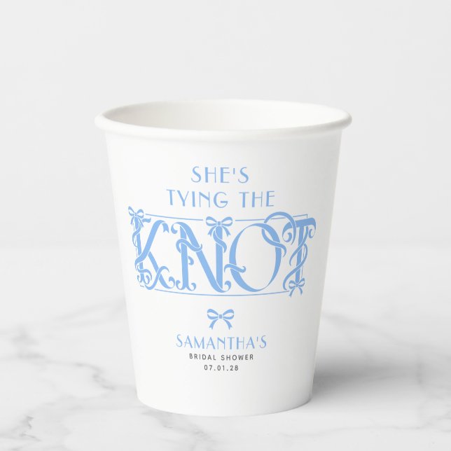 Vasos De Papel Blue Bow She's Tying the Knot Chic Bridal Shower (Anverso)