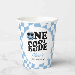 Vasos De Papel Blue Checkered Smile One Guay Dude Primer Cumpleañ
