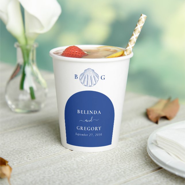 Vasos De Papel Blue Clam Seashells Coastal Seaside Beach Wedding (in situ)