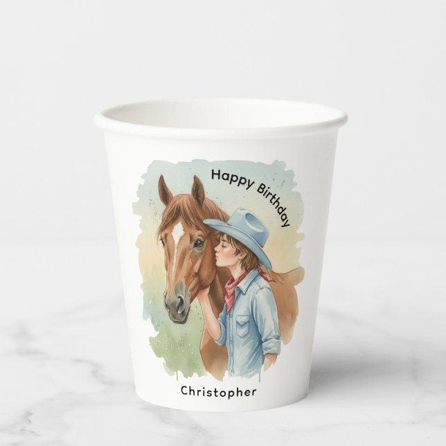 Vasos De Papel Blue Cowboy Kissing a Horse Birthday (Anverso)