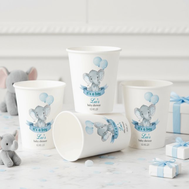 Vasos De Papel Blue Elephant It's a Boy Baby Shower Cups (Subido por el creador)