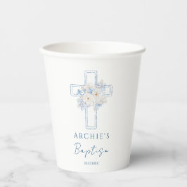 Vasos De Papel Blue Floral Cross Baptism