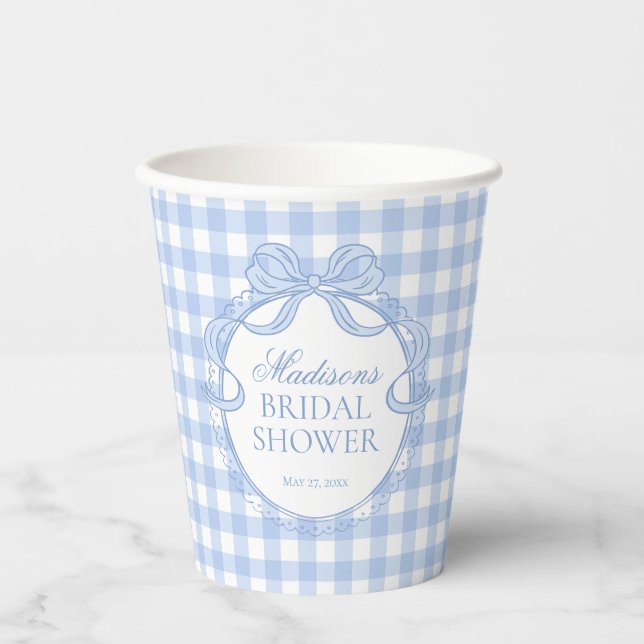 Vasos De Papel Blue Gingham Coquette Bow Bridal Shower (Anverso)