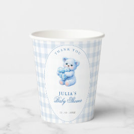 Vasos De Papel Blue Gingham Teddy Bear Neutral Baby Shower