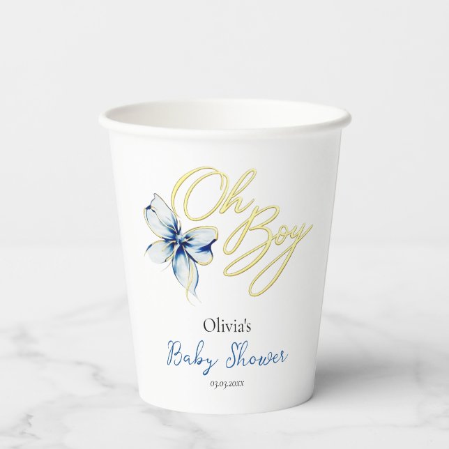 Vasos De Papel Blue & Gold “Oh Boy” Floral Typography Baby Shower (Reverso )