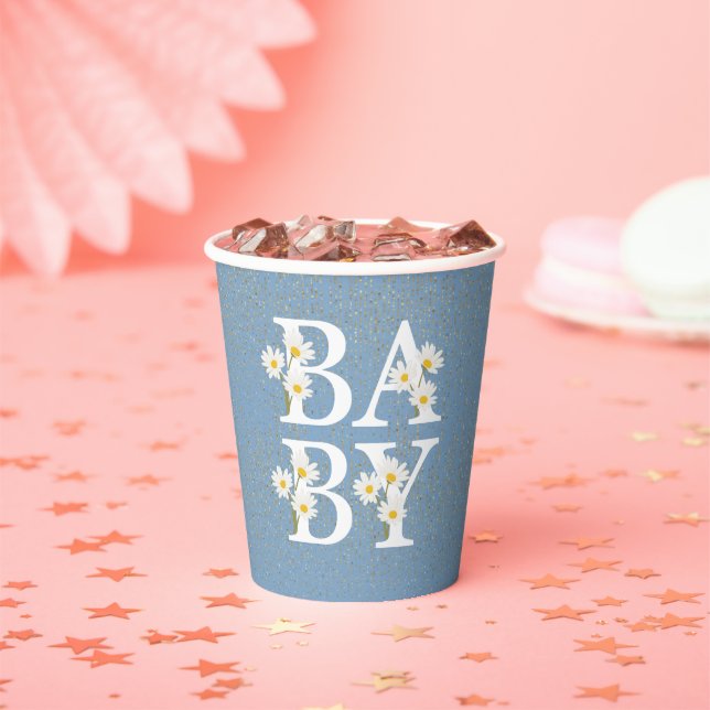 Vasos De Papel Blue Golden Daisy Purpurina Glow Baby Shower (in situ)