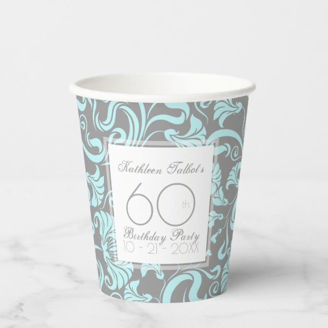 Vasos De Papel Blue Gray Floral 60th Birthday Party Paper Cup (Anverso)