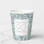 Vasos De Papel Blue Gray Floral 90th Birthday Party Paper Cup<br><div class="desc">Bonito y elegante patrón vintage de flores turquesa en el fondo gris. Sofisticada y femenina copa de papel de cumpleaños número 90 con formas cuadradas transparentes y blancas para los textos. Puede cambiar fácilmente el texto (fuente, color, tamaño y posición) haciendo clic en el botón personalizar. Artículos de fiesta de...</div>