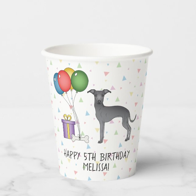 Vasos De Papel Blue Italian Greyhound Cute Dog - Feliz cumpleaños (Anverso)