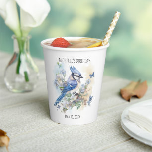 Vasos De Papel Blue Jay Bird Flowers Springtime Birday Name