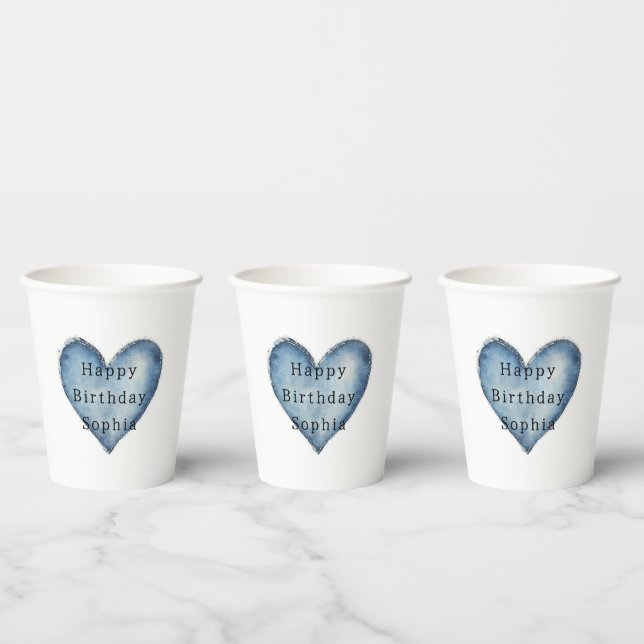 Vasos De Papel Blue Jean Denim Heart Birthday (Multi)