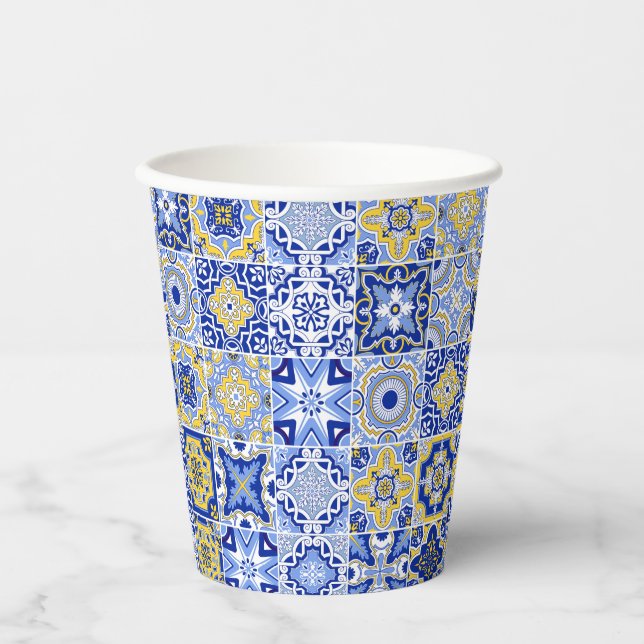 Vasos De Papel Blue Mediterranean Tile & Citrus taza de papel Bod (Anverso)