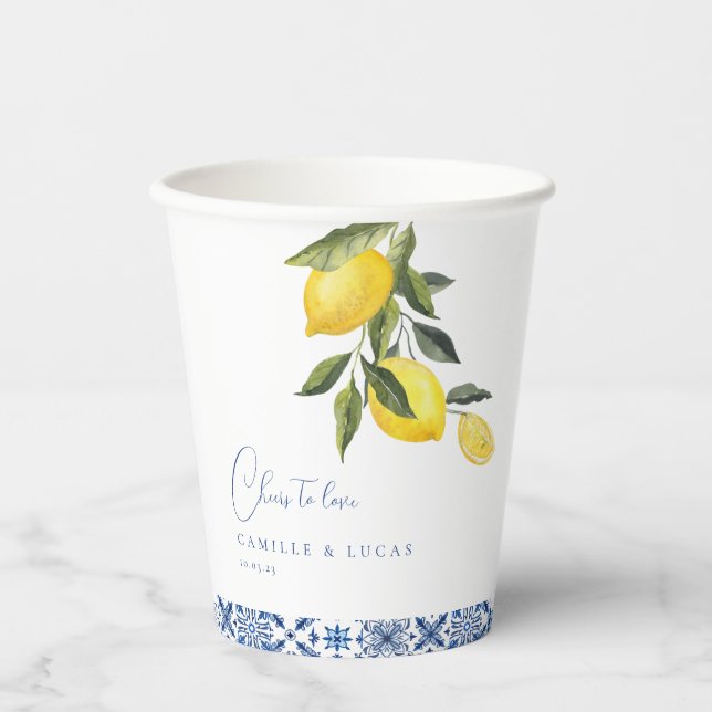 Vasos De Papel Blue Mediterranean Tile & Citrus taza de papel Bod (Anverso)