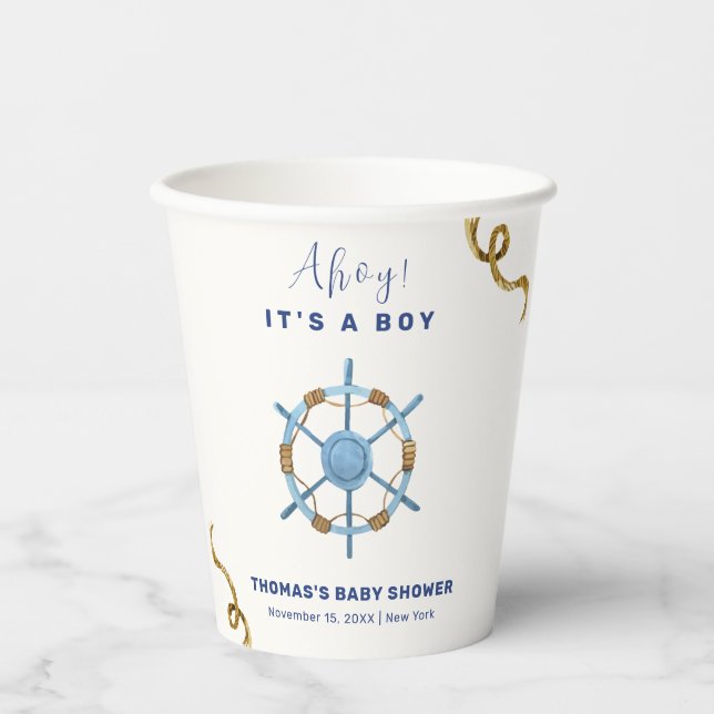 Vasos De Papel Blue Modern Ahoy Nautical Boy Baby Shower (Anverso)