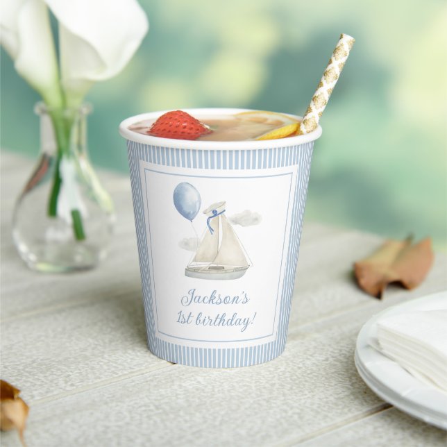 Vasos De Papel Blue Pastel Nautical Sail Boat 1º cumpleaños (in situ)