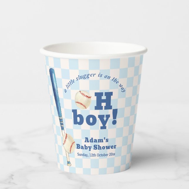 Vasos De Papel Blue Plaid Little Slugger Baseball Baby Shower  (Anverso)