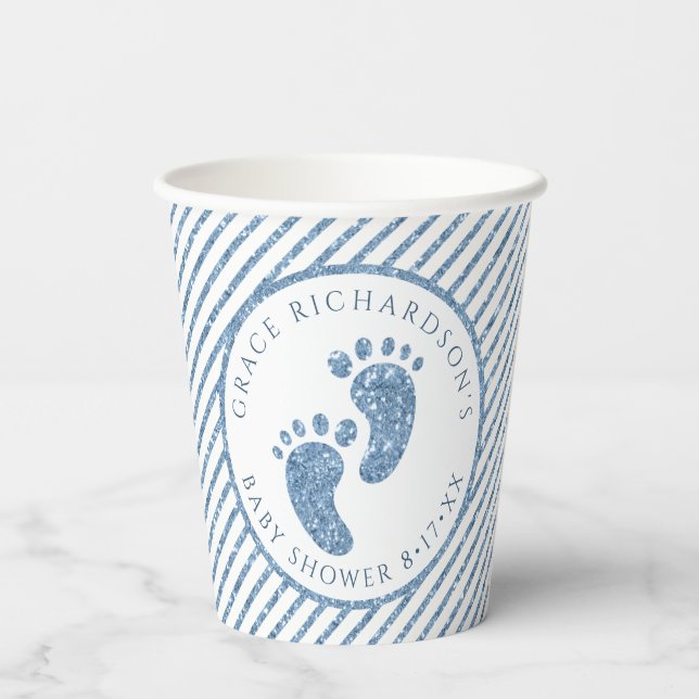 Vasos De Papel Blue Purpurina Baby Feet Baby Shower Personalizado (Reverso )