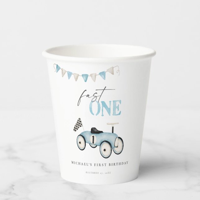 Vasos De Papel Blue Retro Car Birday Paper Cups (Anverso)
