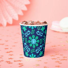 Vasos De Papel Blue Retro Style Floral and Sun Symbol Pattern