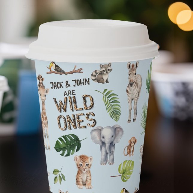 Vasos De Papel Blue Safari Animals, gemelos Wld ONes primer cumpl (BLue safari jungle animals, twins boys 1st birthday paper cups.)
