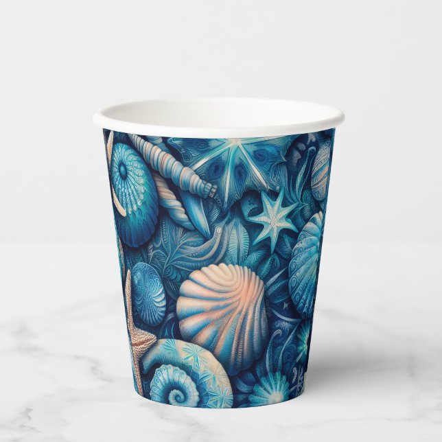 Vasos De Papel Blue Shells Beach Batik Starfish Sand Dollar (Anverso)